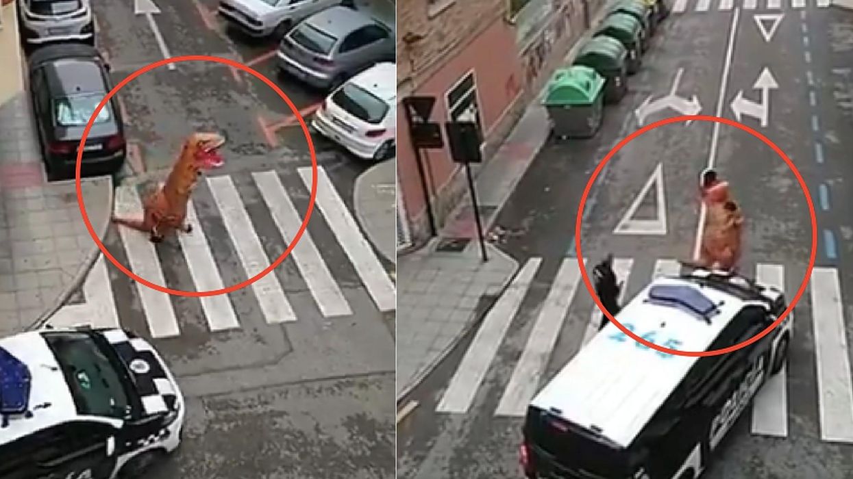 This man wore a T-Rex costume to leave his house during lockdown in Spain