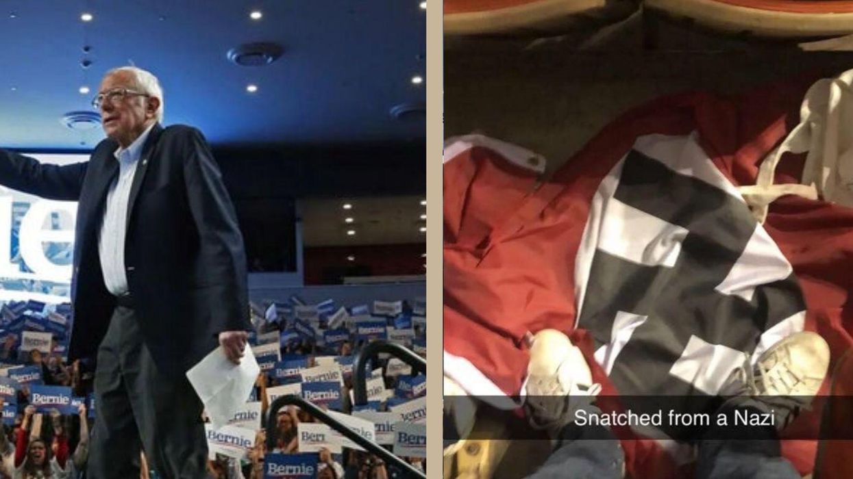 Bernie Sanders rally interrupted by a protester waving a huge Nazi flag