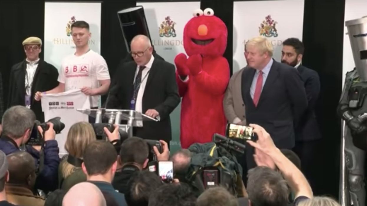 This photo of Boris Johnson with Lord Buckethead, Count Binface and Elmo perfectly sums up British democracy
