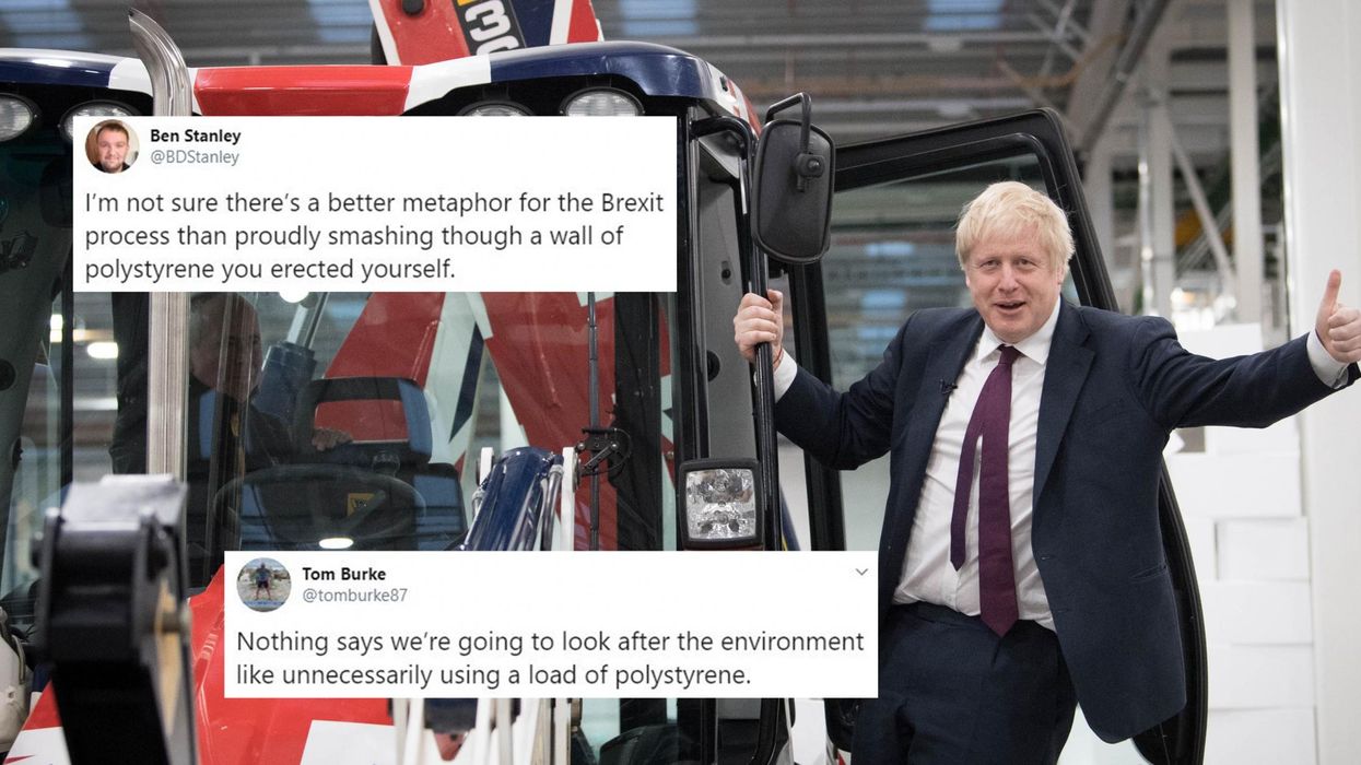 Boris Johnson mocked for driving a JCB through a fake wall in latest election stunt