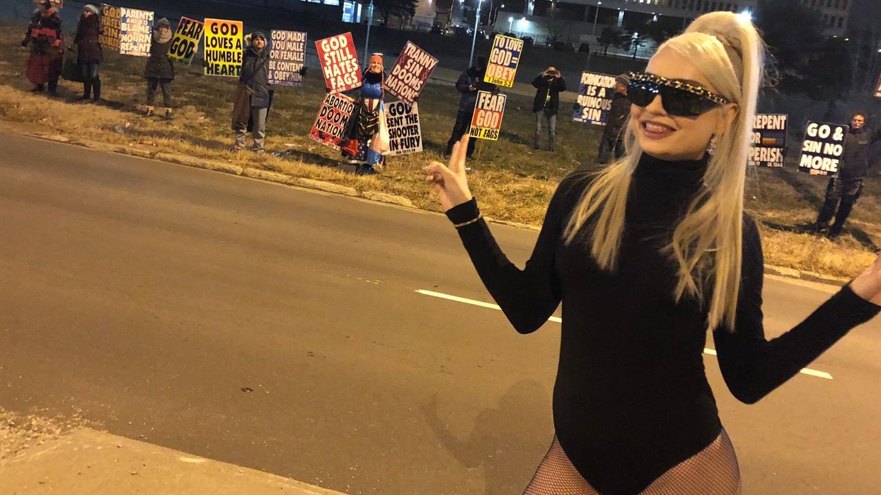 Trans pop icon Kim Petras poses while the Westboro Baptist Church picket her show