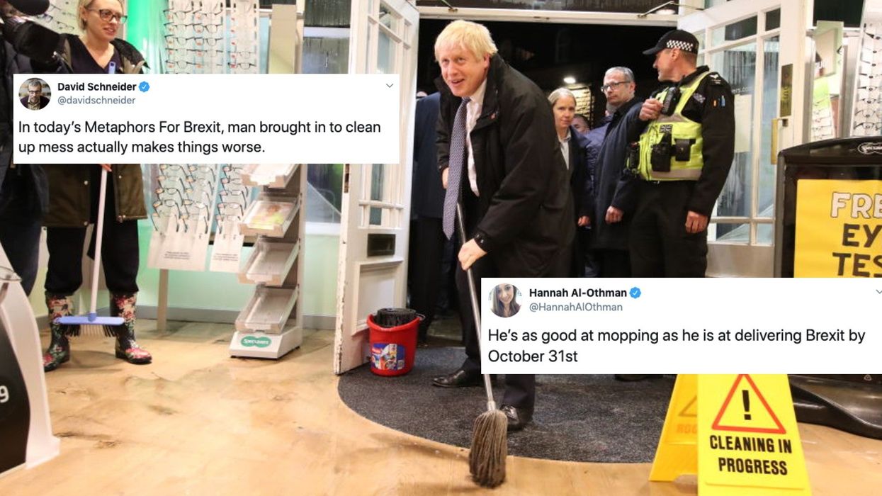 Boris Johnson mocked after trying and failing to mop up flood water
