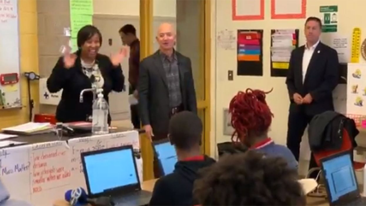Jeff Bezos greeted by confused classroom full of teenagers who have no clue who he is