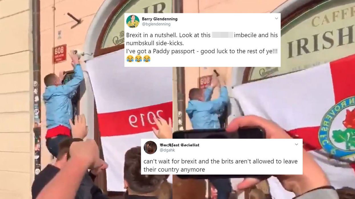 England football fans sum up Brexit by failing to hang flag on Irish pub in Prague