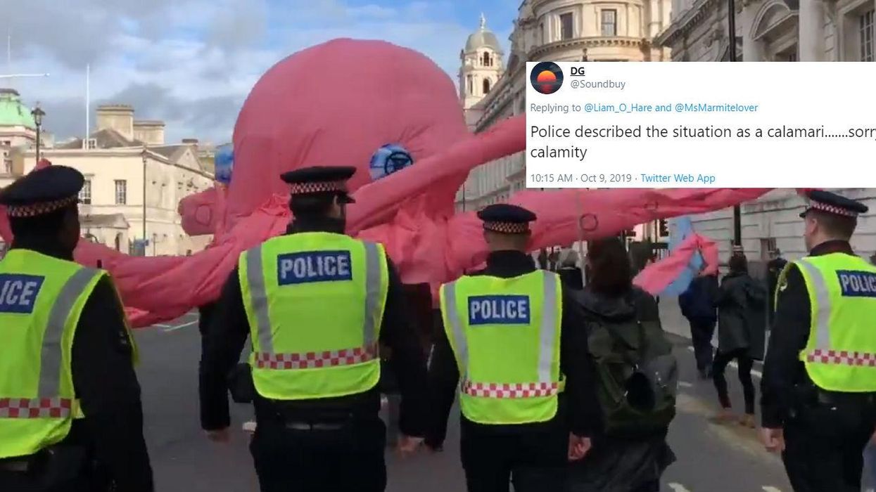 Police kettle giant pink octopus in bizarre Extinction Rebellion protest scenes