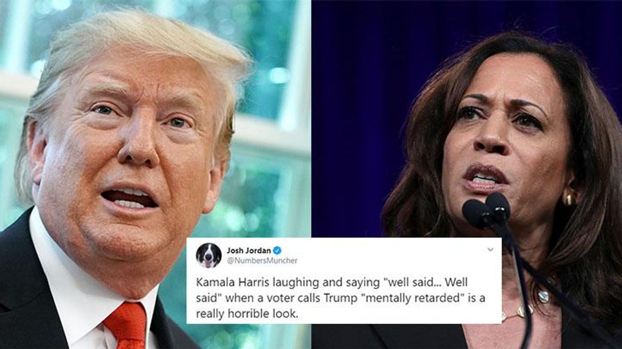 Kamala Harris criticised for laughing after voter calls Trump’s actions ‘mentally retarded’