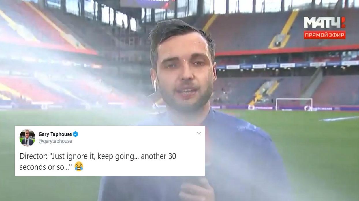 Sports journalist gets soaked by stadium sprinklers during live broadcast