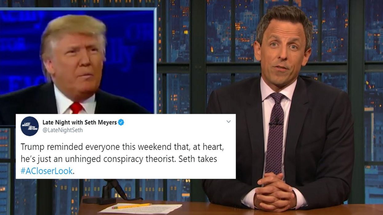 Late night TV host Seth Meyers highlights Trump’s history of spreading conspiracy theories