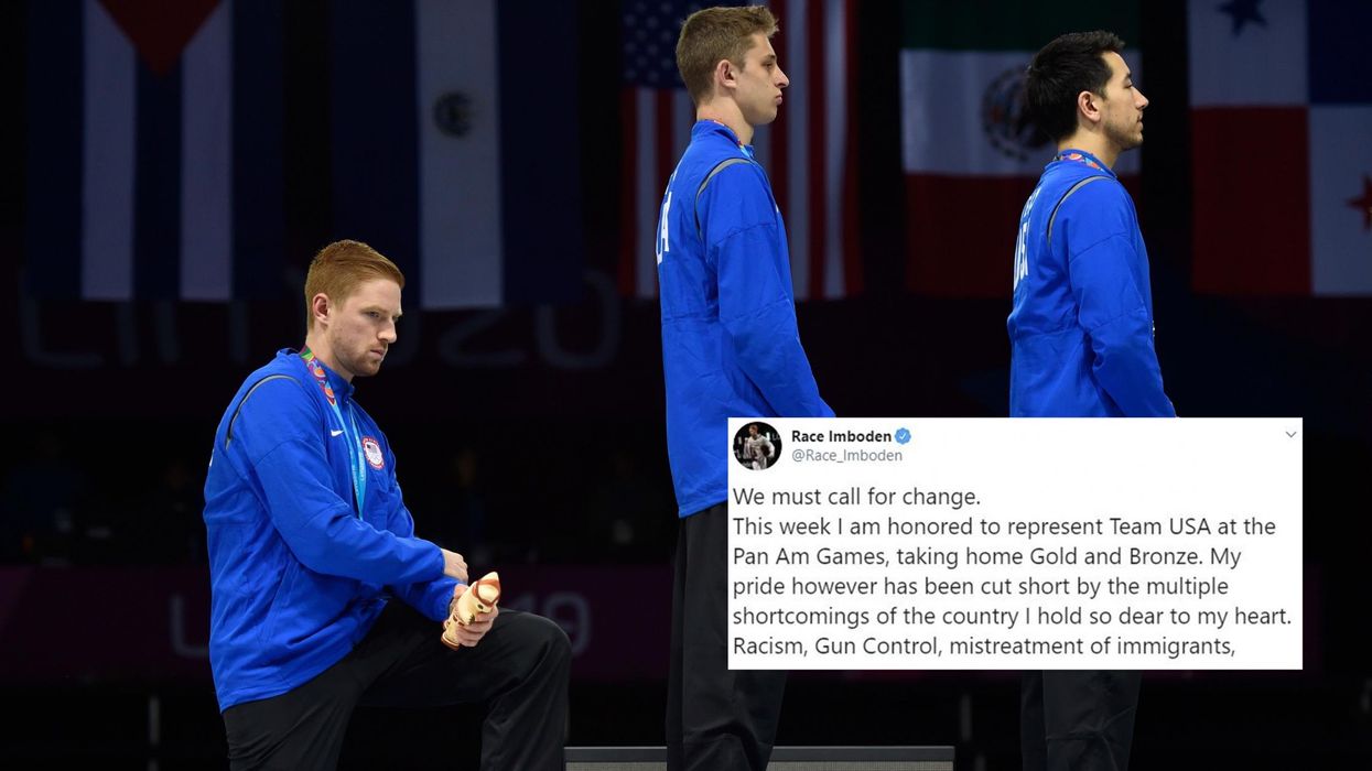 American gold medallist kneels during national anthem to protest Trump