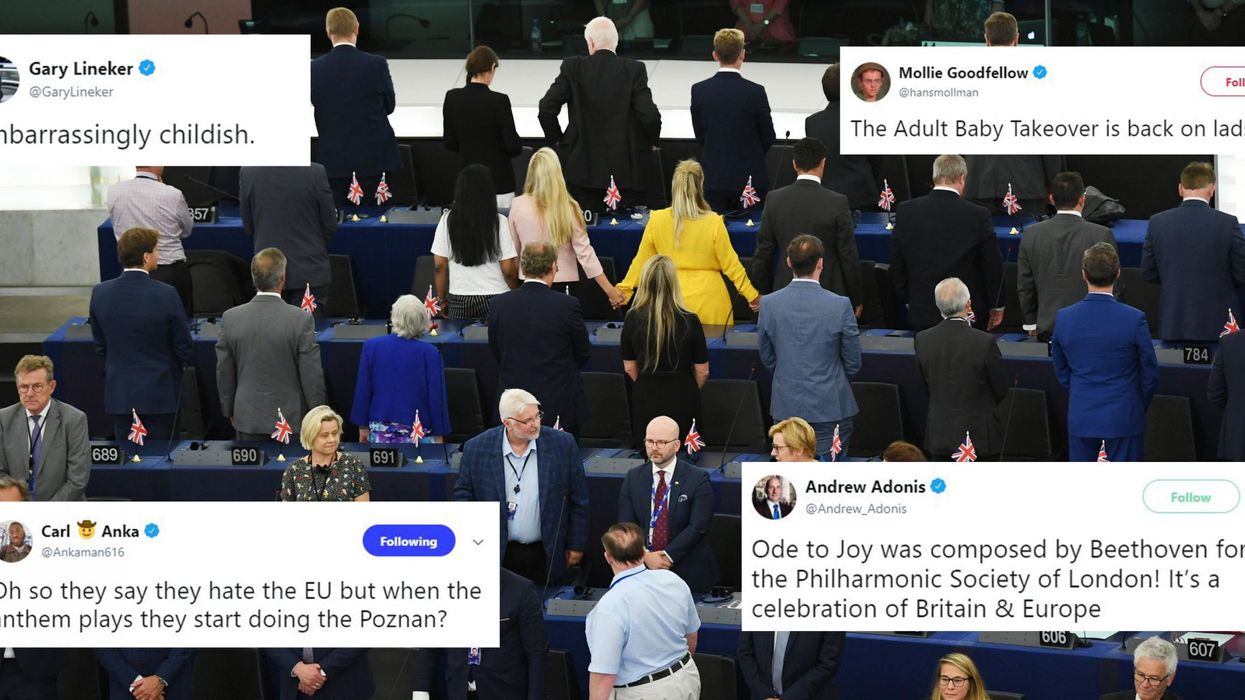 Brexit Party MEPs criticised after turning their back on European anthem in the EU parliament