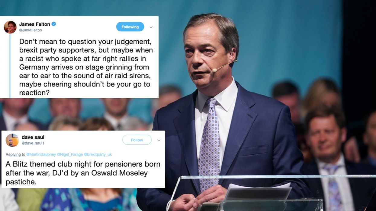 Nigel Farage mocked after arriving on stage at a Brexit Party rally to the sound of air raid sirens
