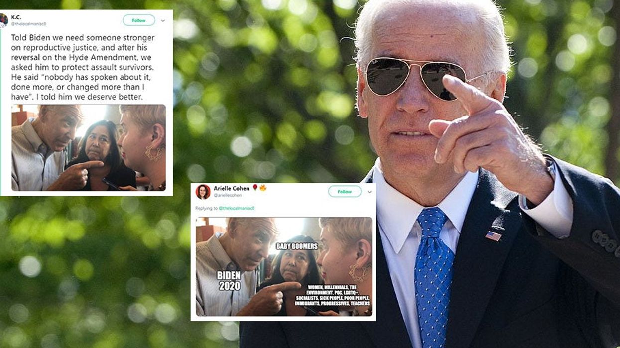 Joe Biden pointing his finger at an activist who asked him about abortions has become an instant meme