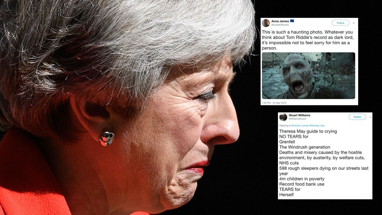 The 'haunting' image of Theresa May crying during resignation speech becomes a meme