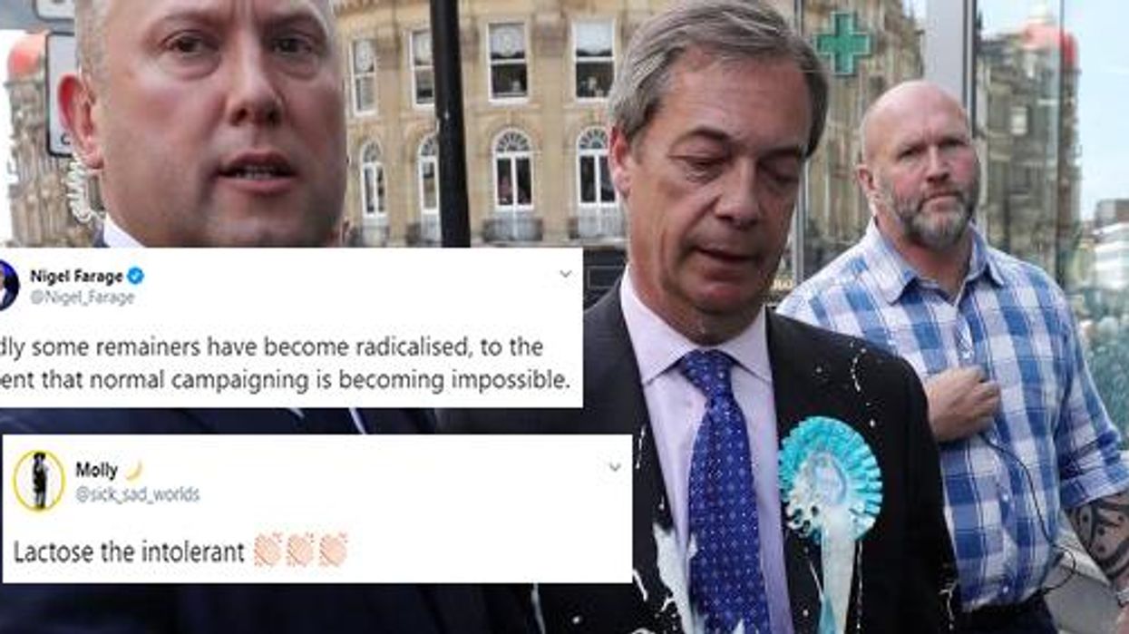 Nigel Farage has been hit with a milkshake while campaigning in Newcastle and the internet has thoughts