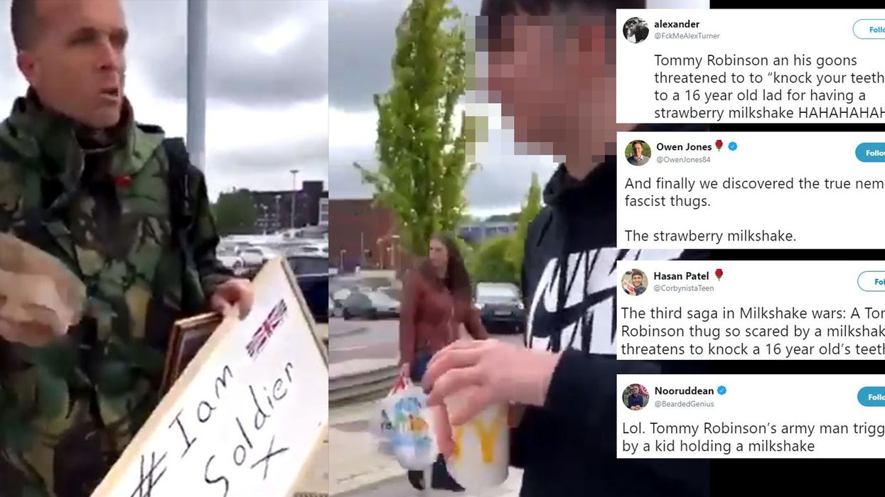 Tommy Robinson supporter threatens to knock a teenager's teeth out for holding a milkshake at a rally