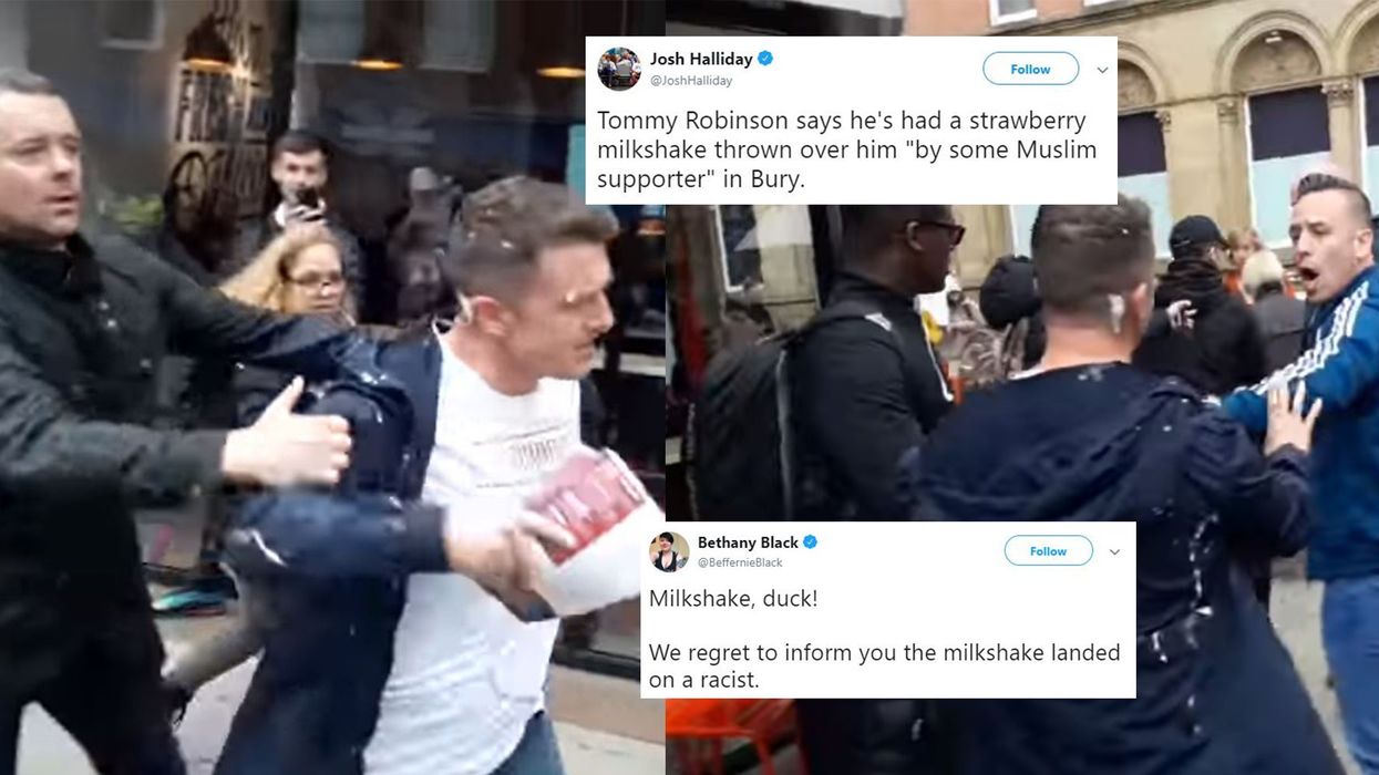 Tommy Robinson covered in strawberry milkshake whilst campaigning in Bury