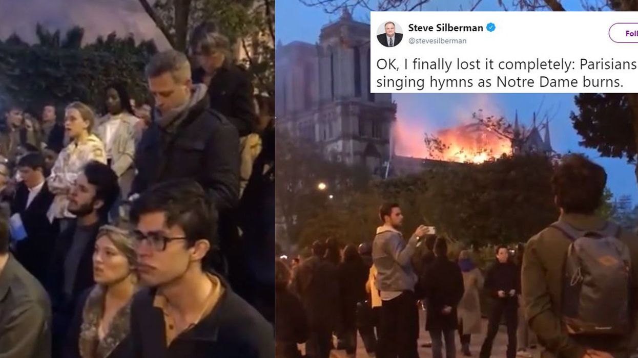 Powerful video shows Paris bystanders singing hymns while Notre Dame cathedral burns
