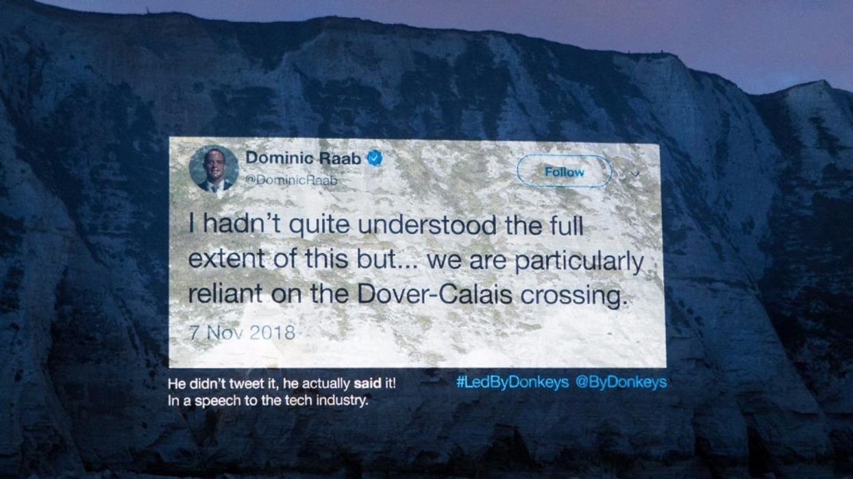 Dominic Raab's infamous quote about the Dover-Calais crossing appears in huge anti-Brexit projection on the cliffs of Dover