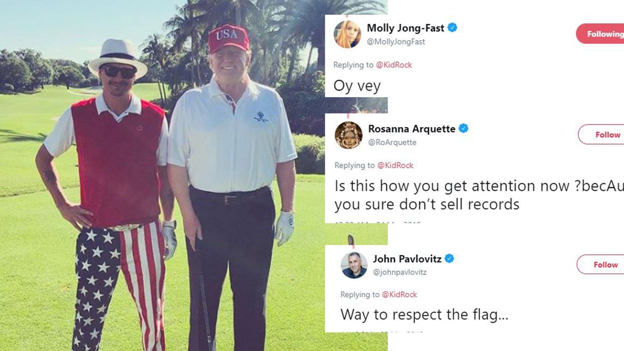 Kid Rock wore US flag trousers to play golf with Trump and the internet roasted him
