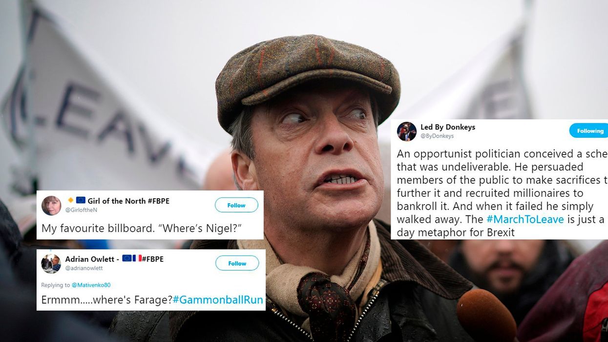 Nigel Farage brilliantly trolled by pro-EU activists after he fails to attend his own 'Brexit betrayal' march