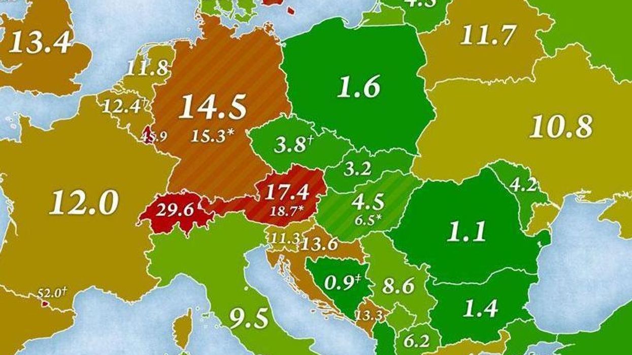 A map of Europe by the number of immigrants in each country