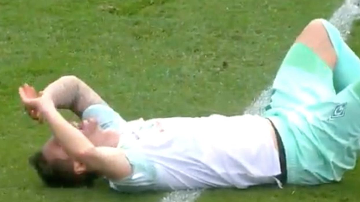 Unlucky footballer struck in his sensitive areas three times in just 11 seconds in viral clip