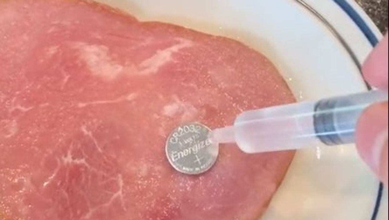TikTok creator uses a slice of ham to show what swallowing a battery can do to body tissue