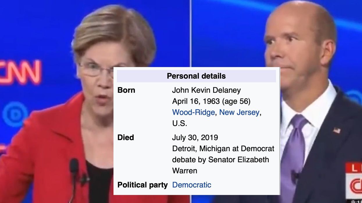 John Delaney's Wikipedia edited to say he died from getting owned by Elizabeth Warren