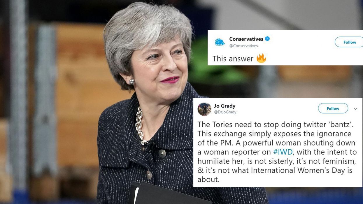 The way Theresa May responded to a female journalist on International's Women's Day is being heavily criticised