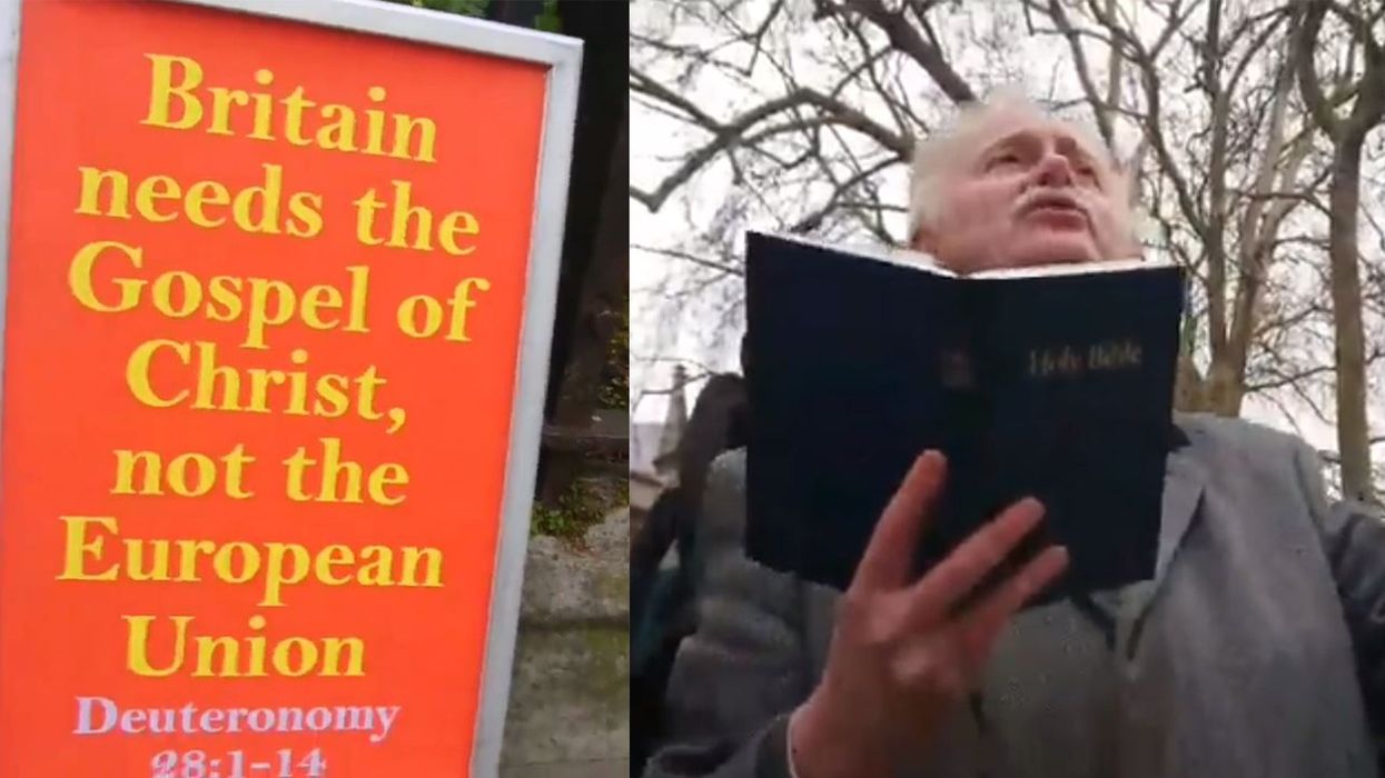 Pro-Brexit activists outside parliament are claiming God and the Bible are against the EU. Yes, really