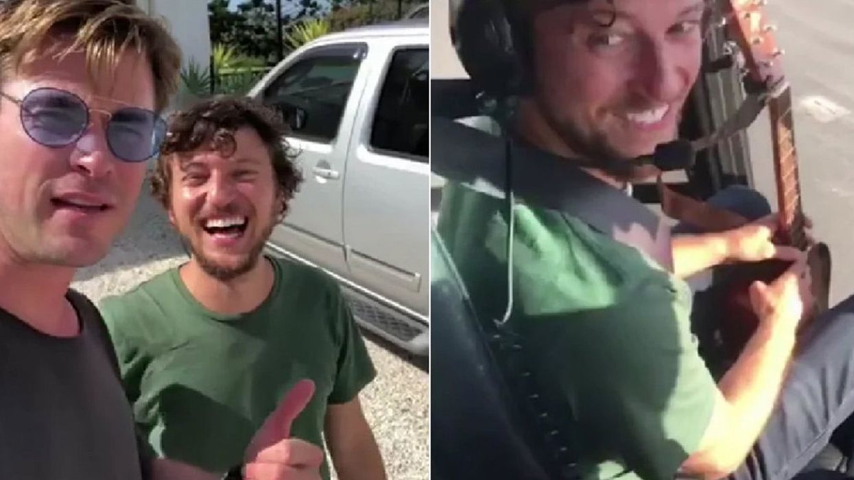 Watch the moment Chris Hemsworth picks up a hitchhiker and offers him a lift in his helicopter