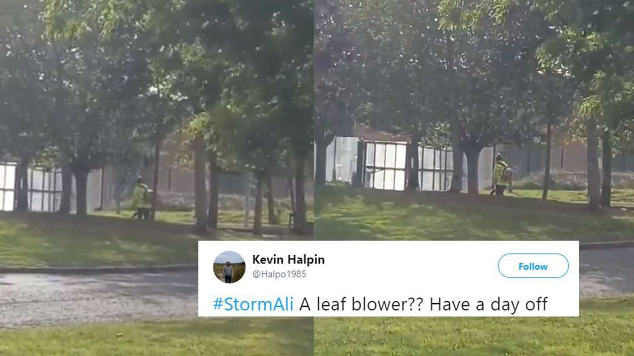 Storm Ali: Man endures against the elements to use a leaf blower in severe winds
