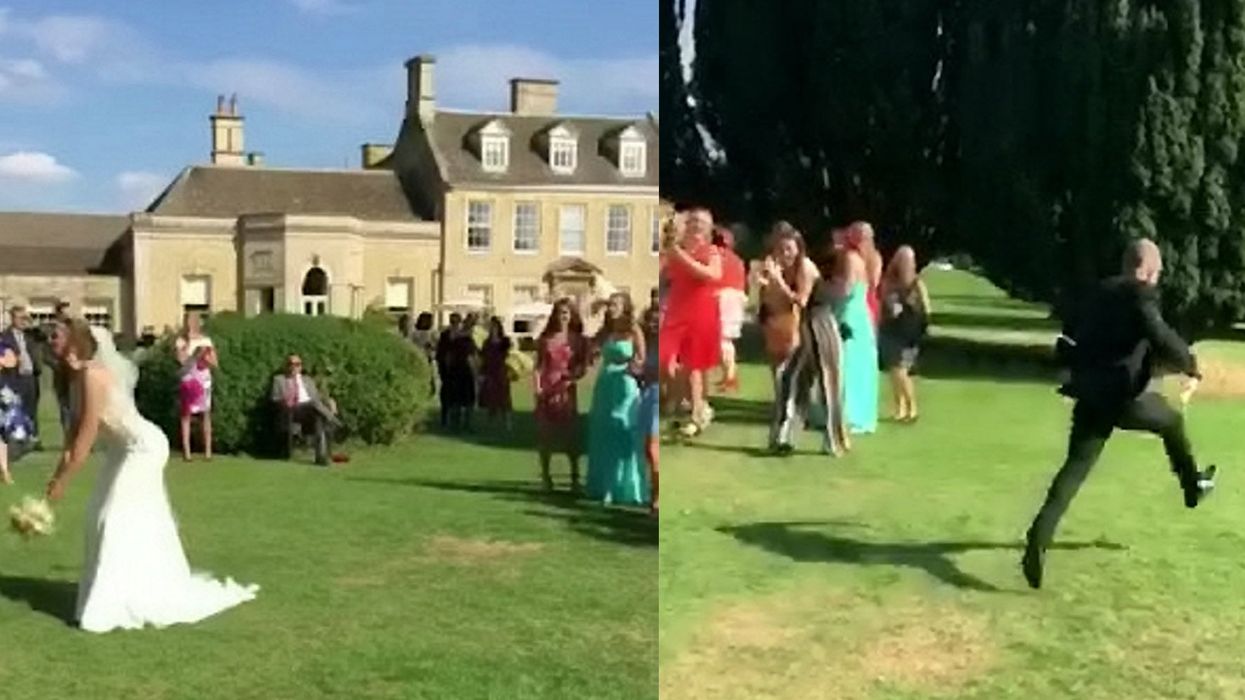 Boyfriend runs for the hills after girlfriend catches the bouquet at wedding