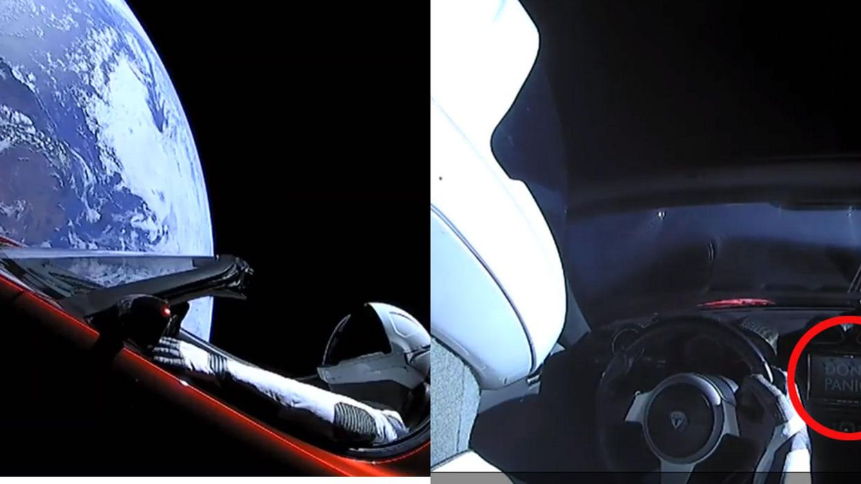 Why it says 'Don't Panic' on the dashboard of the car Elon Musk just shot toward Mars