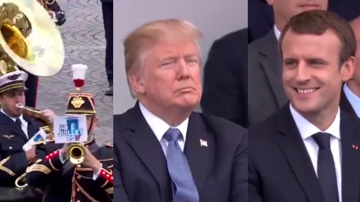 Donald Trump didn't look happy at a French brass band's choice of songs for him