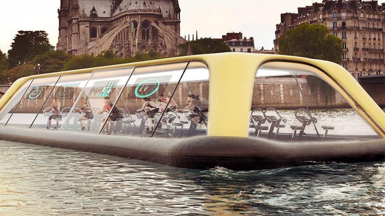 Floating Paris gym uses human energy to sail down the Seine River