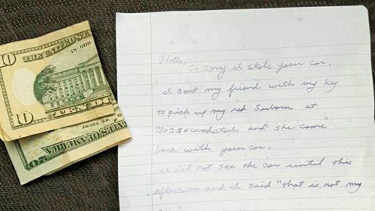 A woman stole a Subaru by mistake then left this letter when she returned it