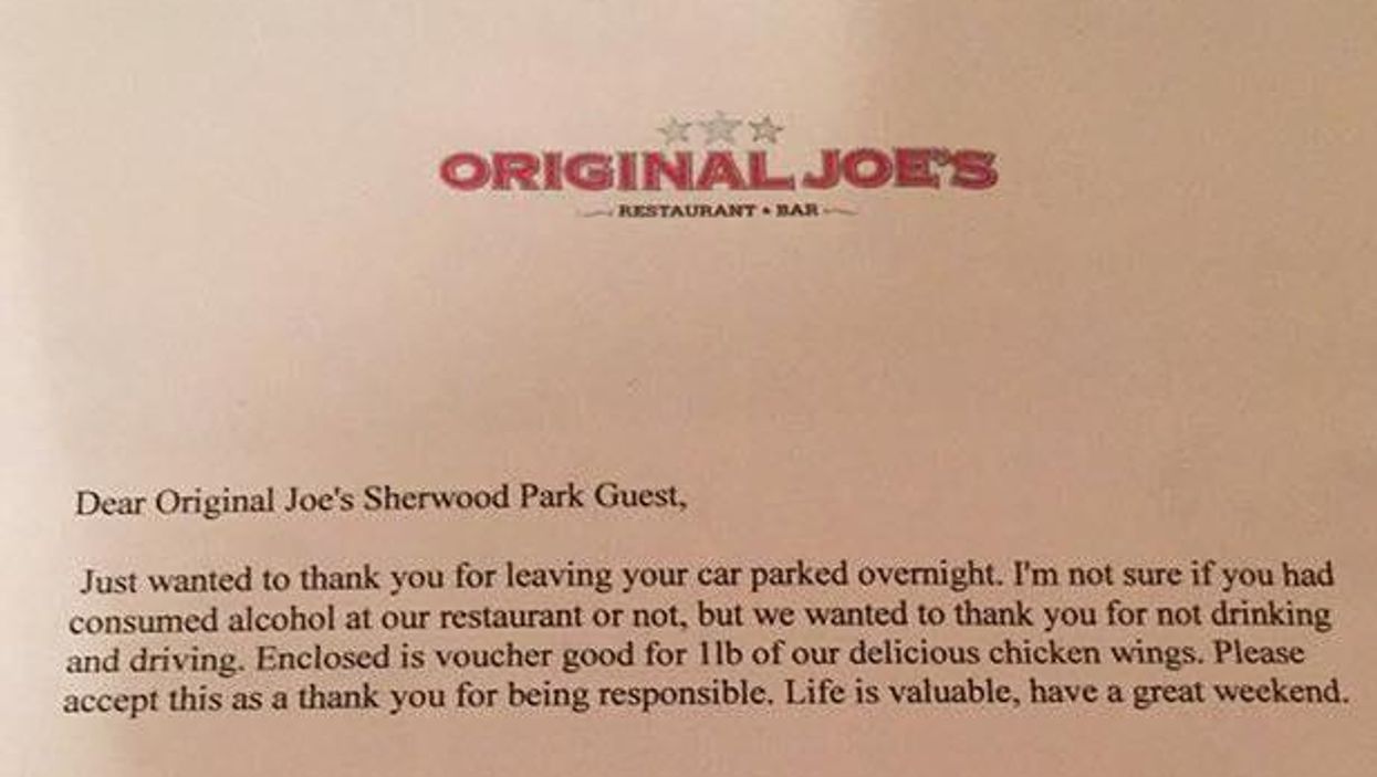 This bar left a surprising note for a woman who left her car parked outside overnight