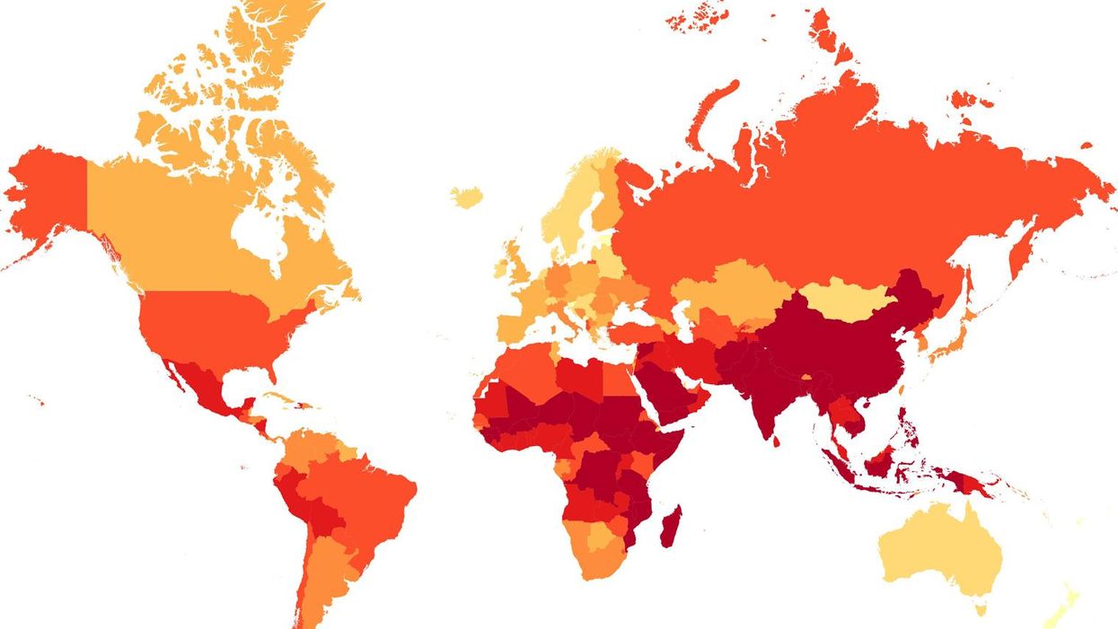 A map of the world by the most Olympians per person