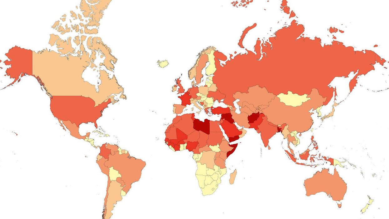 A map showing the threat level of terrorism around the world