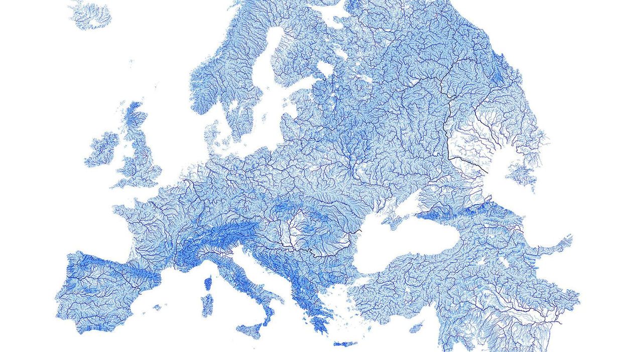 The beautiful map of Europe drawn by its rivers and streams