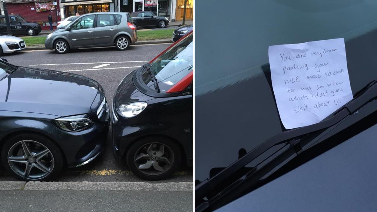 This Smart car driver left the perfect passive aggressive note for a Mercedes that parked too close
