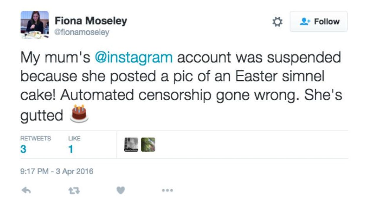 A woman claims her Instagram account was suspended because of this cake picture