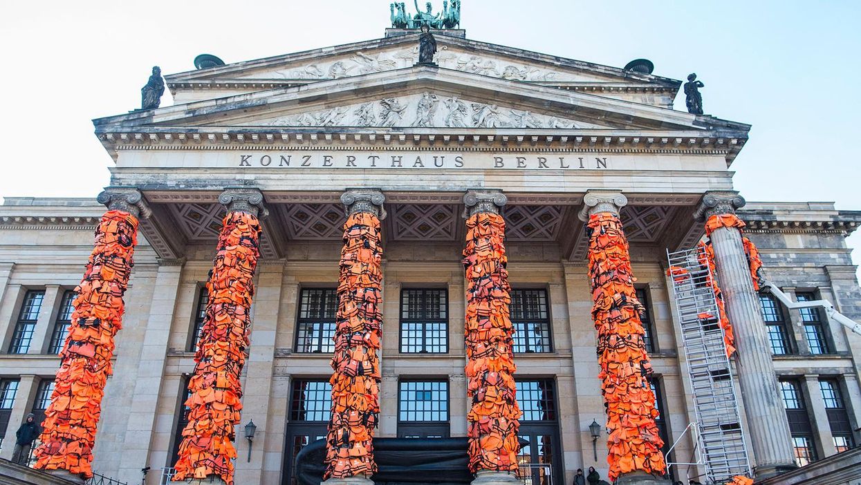 There's an important reason why a Berlin concert hall has been covered in life jackets