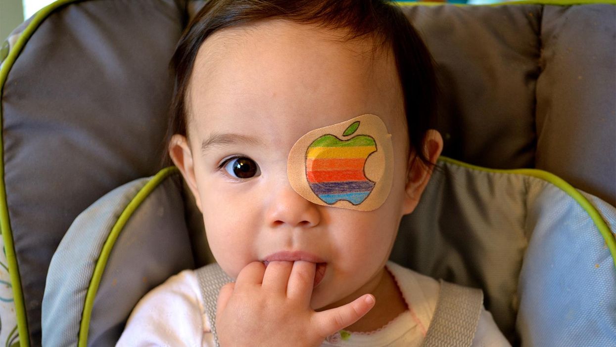 This little girl has to wear an eye patch. The way her dad makes it fun for her is adorable