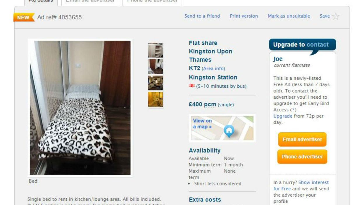 For just £400 per month you can rent a single bed in this person's kitchen in the depths of London's suburbs