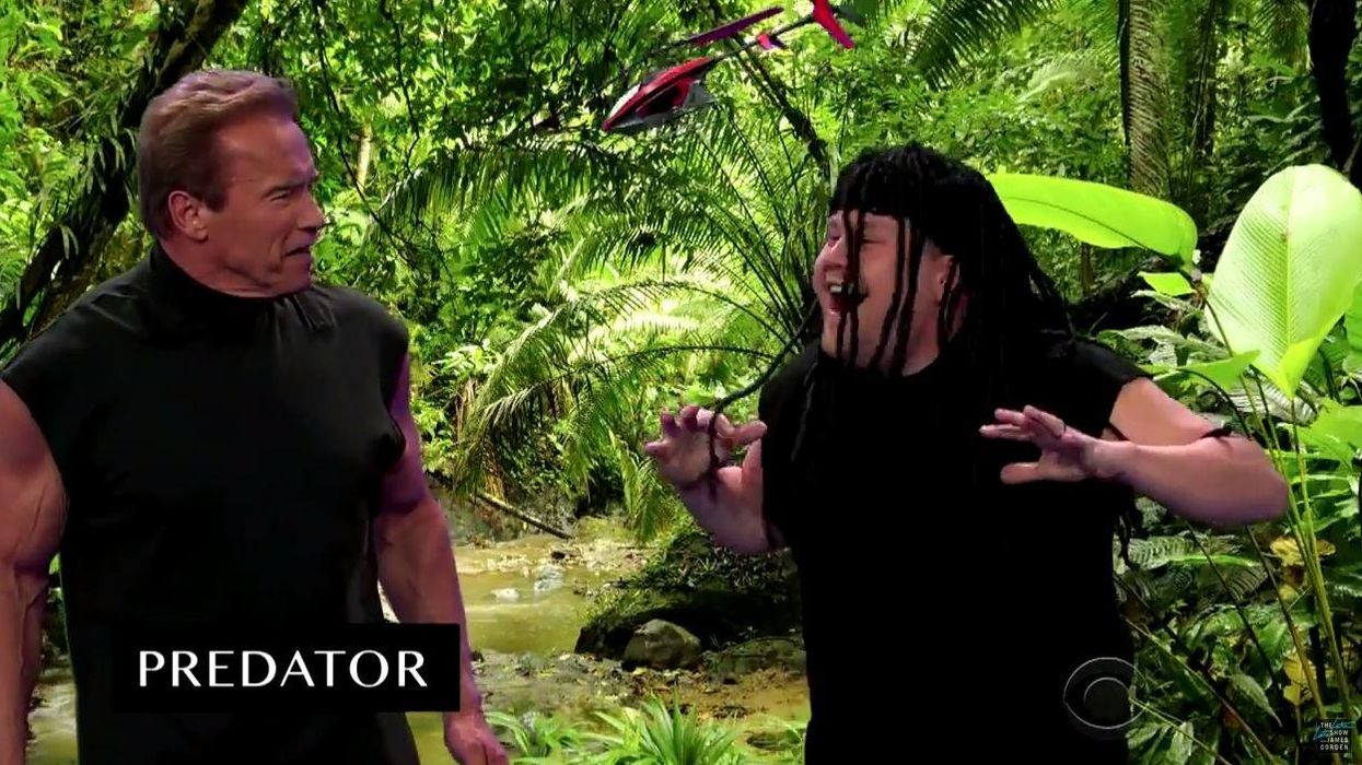 Just Arnold Schwarzenegger acting out all of his films in six minutes with James Corden