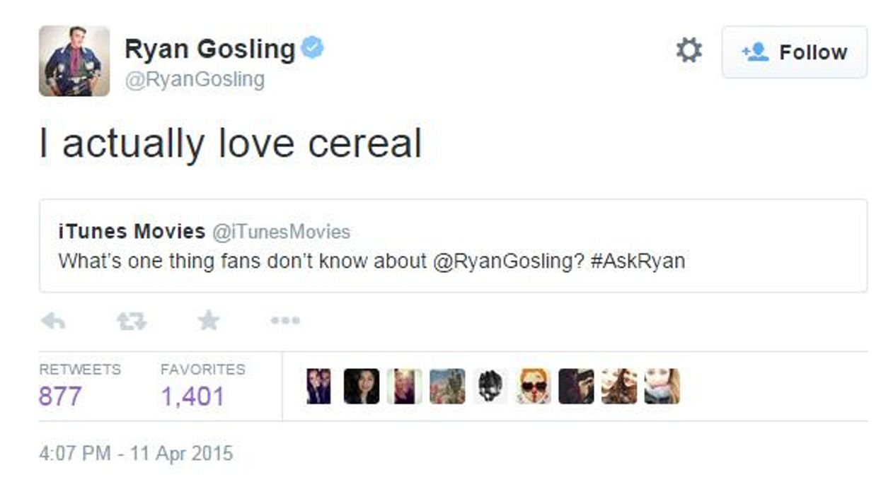 Here's what Ryan Gosling has to say about that cereal meme
