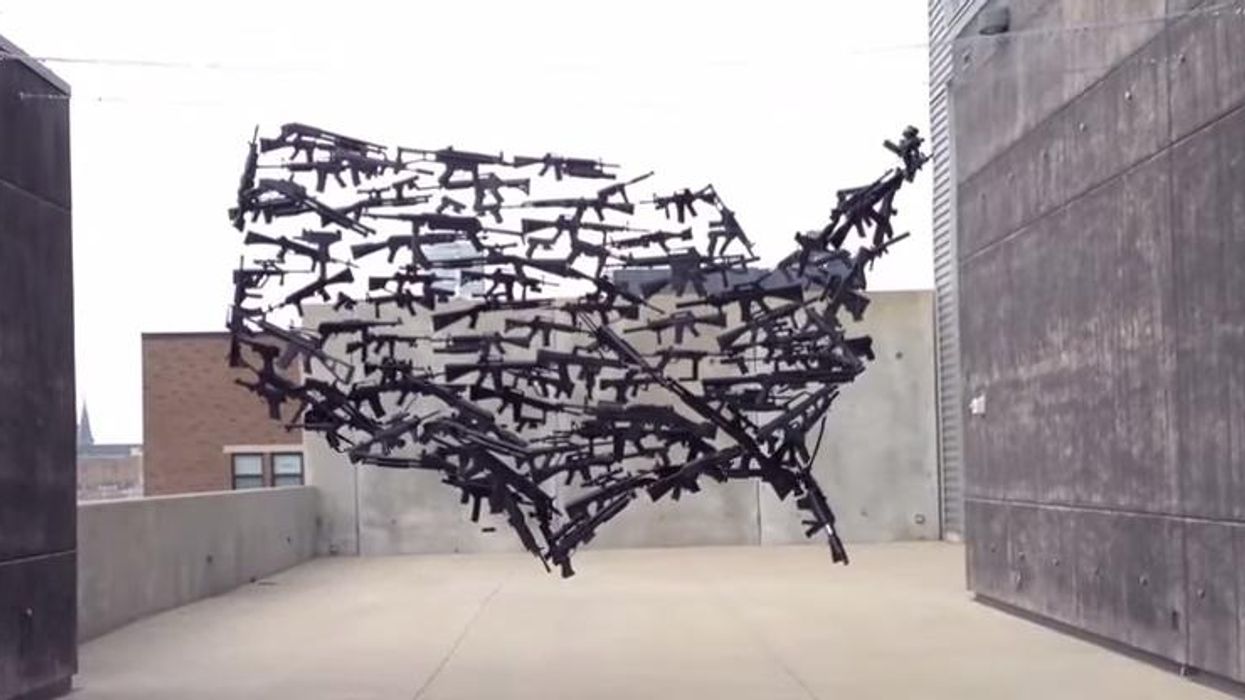 A map of the United States made with toy guns