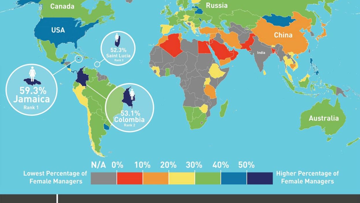 A map of the world according to the countries where your boss is most likely to a woman